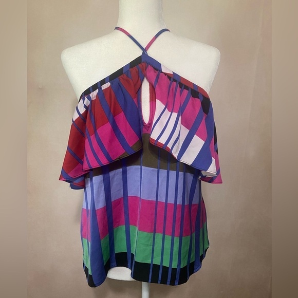 Express women's S geometric color block halter style ruffle top EUC - Picture 2 of 6